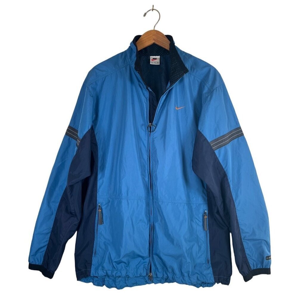 Vintage 90s Nike Mens Size L Blue Zip Windbreaker Track Jacket Mock Neck Swoosh